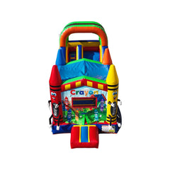 Colorful Crayon combo 360° inflatable with large crayons on the sides, featuring a bounce area and slide.