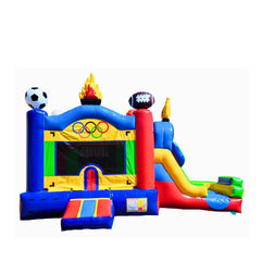 Colorful MC-620 Sport Arena commercial inflatable combo featuring a slide, sports-themed decorations, and a vibrant design.