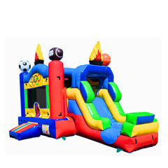Colorful MC-620 Sport Arena commercial inflatable combo featuring a slide and sports-themed decorations.
