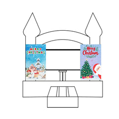 Two festive Christmas banners featuring snowy scenes and holiday designs, displayed on a bounce house.