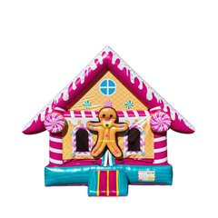 Colorful gingerbread house-themed commercial bounce house for sale with a smiling gingerbread man and candy decorations.