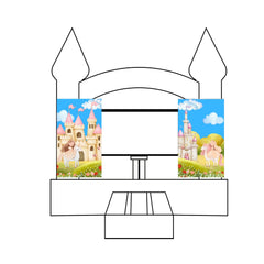Two custom event banners featuring a castle and a unicorn, placed on a bounce house with a whimsical design.