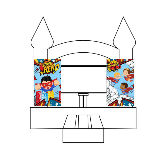 Custom event banner featuring superhero graphics on both sides of a bounce house.