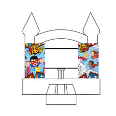 Custom event banner featuring superhero graphics on both sides of a bounce house.
