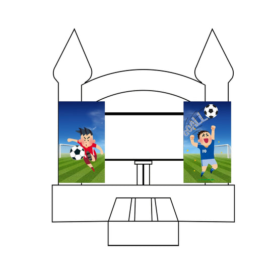Two custom event banners featuring cartoon soccer players on a bounce house backdrop.