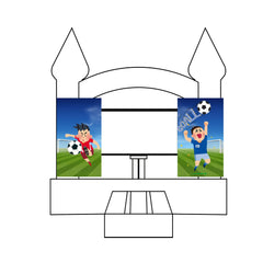 Two custom event banners featuring cartoon soccer players on a bounce house backdrop.