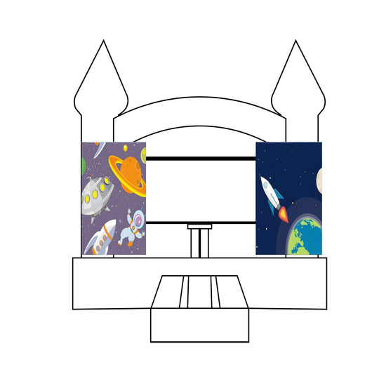 Two space-themed custom event banners featuring rockets and planets on a bounce house.