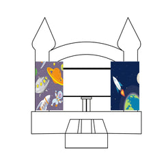 Two space-themed custom event banners featuring rockets and planets on a bounce house.