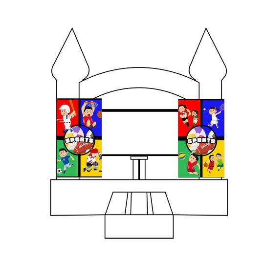 A colorful inflatable bounce house featuring custom event banners with various sports themes and cartoon characters.