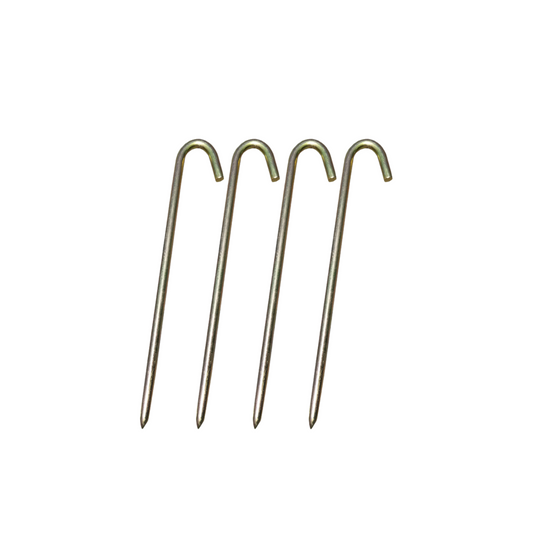 Four 18-inch metal stakes designed for securing a commercial bounce house.