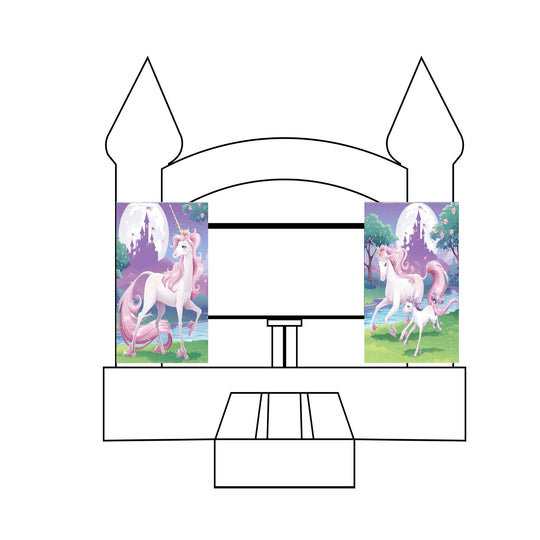 Two unicorn-themed banners displayed on a bounce house, featuring colorful illustrations of unicorns in a whimsical