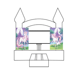 Two unicorn-themed banners displayed on a bounce house, featuring colorful illustrations of unicorns in a whimsical