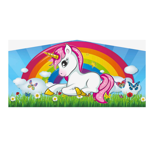 Colorful inflatable art panel featuring a unicorn with a rainbow and butterflies in a grassy field.
