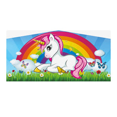 Colorful inflatable art panel featuring a unicorn with a rainbow and butterflies in a grassy field.