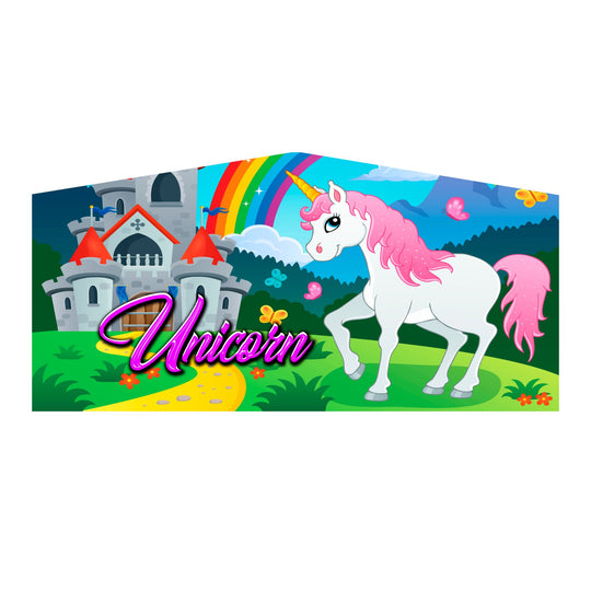 Colorful inflatable art panel featuring a unicorn with a pink mane, a castle, and a rainbow in a vibrant landscape.