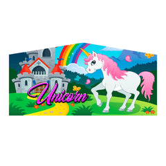 Colorful inflatable art panel featuring a unicorn with a pink mane, a castle, and a rainbow in a vibrant landscape.