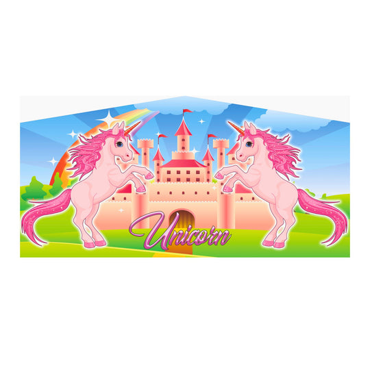 Colorful inflatable art panel featuring two pink unicorns in front of a castle with a rainbow in a bright landscape.