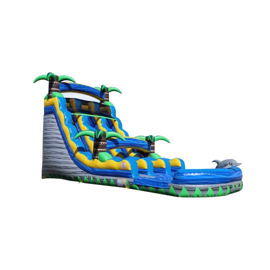 Colorful tropical-themed commercial water slide for sale featuring palm trees and a dolphin design.