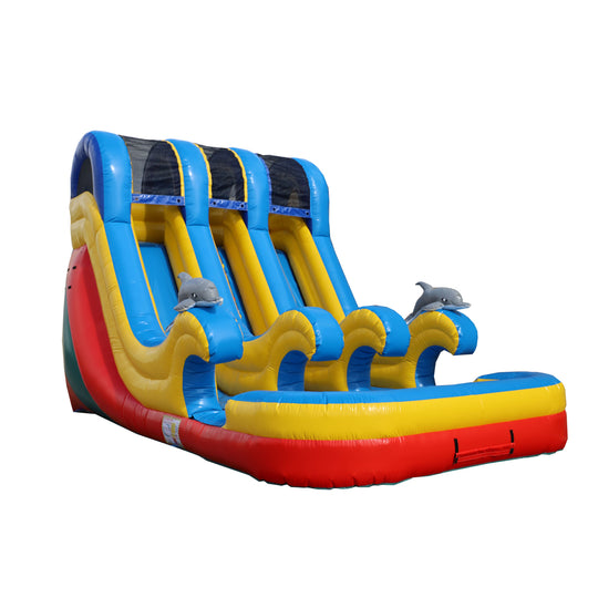 Brightly colored commercial water slide for sale featuring three blue and yellow slides with dolphin decorations.