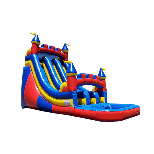 Brightly colored commercial water slide for sale featuring a castle theme with blue, red, and yellow elements.