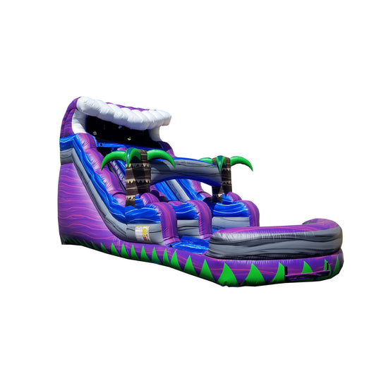 Purple Wave Water Slide featuring a vibrant design with palm trees and a wavy slide, ideal for summer fun.