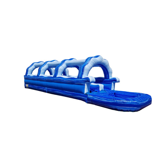A blue and white 36-foot inflatable slip-n-slide featuring arches, set against a plain background, showcasing a commercial