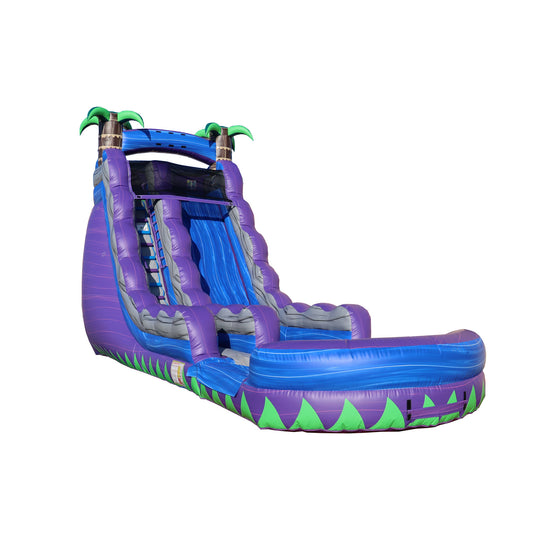 Purple River Water Slide featuring a tall design with green accents and palm trees, ideal for summer fun.
