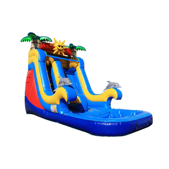 Brightly colored Luau Lagoon water slide featuring palm trees and dolphins, set against a white background.
