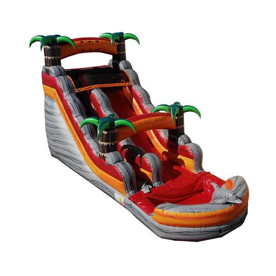 Vibrant lava-themed commercial water slide for sale featuring palm trees and two sliding lanes.