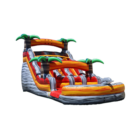 Vibrant lava-themed commercial water slide for sale featuring palm trees and a rocky design.