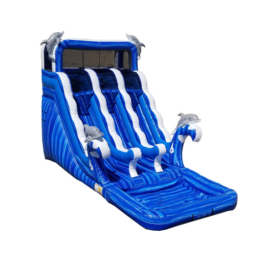 Blue marine-themed commercial water slide featuring dolphin accents and three sliding lanes.