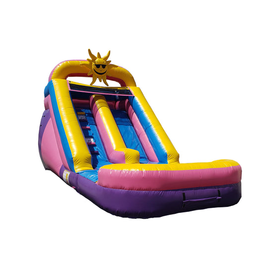 Brightly colored commercial water slide for sale featuring yellow, pink, and purple sections with a sun design at the top.
