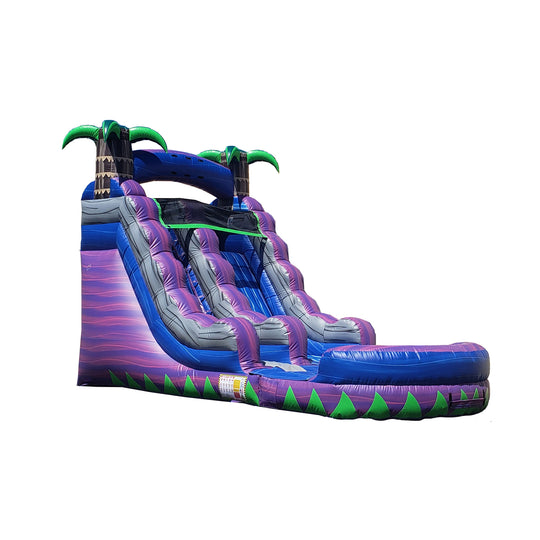 Purple Tide water slide featuring a vibrant design with palm trees, ideal for summer fun.