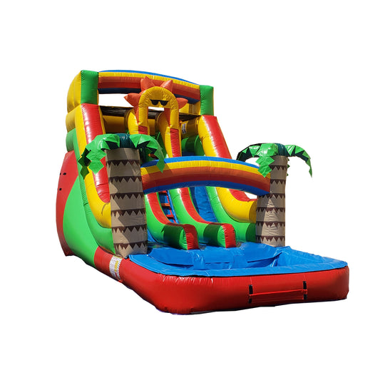 Colorful WS-048D Surf's Up water slide featuring palm trees and a splash pool, ideal for summer fun.