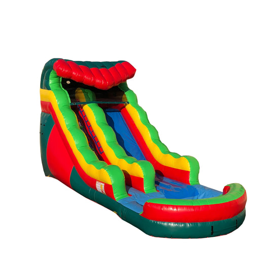 Colorful red, green, and yellow commercial water slide for sale with a smooth surface and tall slide.
