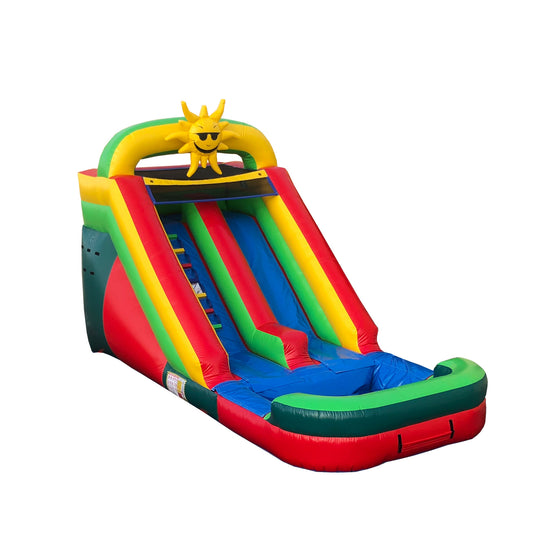 Brightly colored commercial water slide for sale featuring a sunny design, with red, yellow, and green elements.