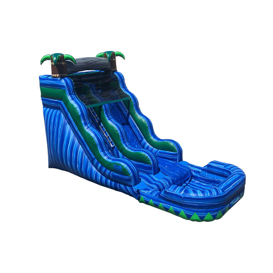 Bright blue inflatable water slide featuring two sliding lanes and palm tree accents, ideal for summer fun.
