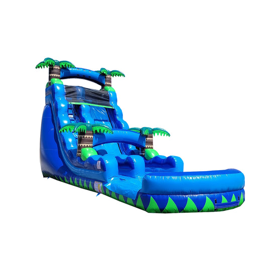 Bright blue commercial water slide for sale featuring palm trees and a tropical theme.