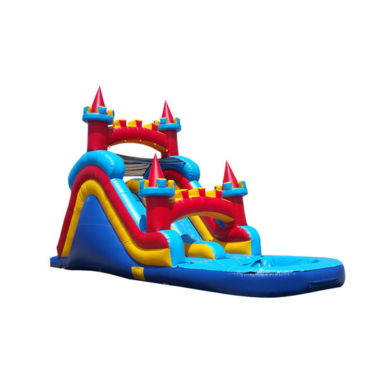 Bright blue and red commercial water slide for sale featuring castle-like towers and a large splash pool at the bottom.