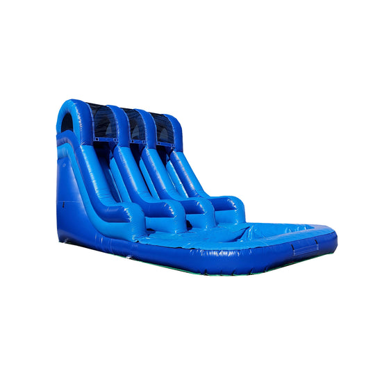 Large blue inflatable water slide featuring three sliding lanes and a splash pool at the base, ideal for summer fun.