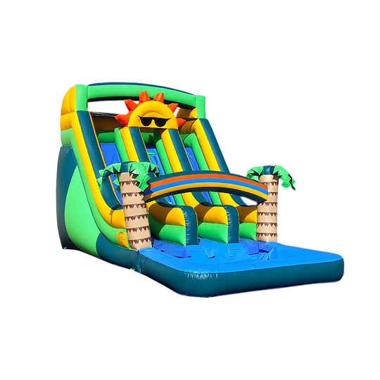 Colorful 17-foot Aloha Falls water slide featuring a sunny design, palm trees, and a blue splash pool.