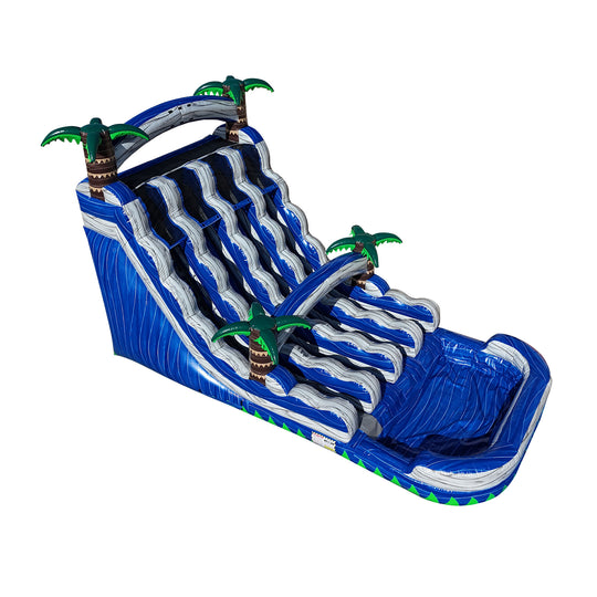 Large blue inflatable water slide featuring cascading lanes and palm tree accents, set against a white background.