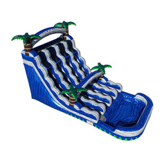Large blue inflatable water slide featuring cascading lanes and palm tree accents, set against a white background.
