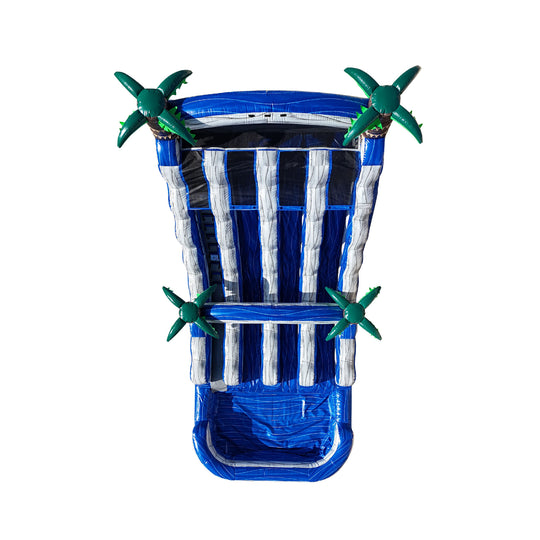 Blue Cascade water slide featuring palm tree accents, designed for fun and excitement, ideal for summer events.