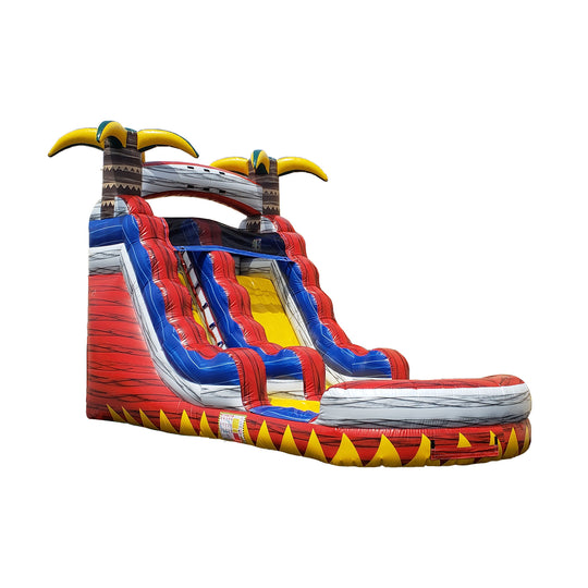 Colorful WS-204S Fire and Waves water slide featuring red, yellow, and blue sections, designed for outdoor fun.
