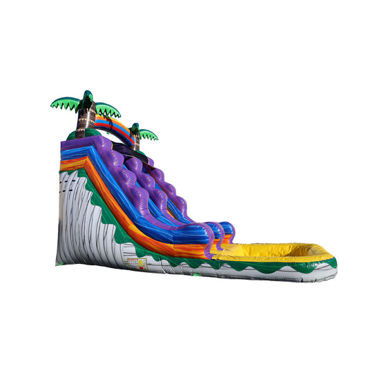 Colorful tropical rainbow water slide featuring purple, orange, and green sections with palm trees, set against a white