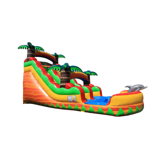 Colorful WS-210S Happy Stream water slide featuring palm trees and a blue splash pool, ideal for summer fun.