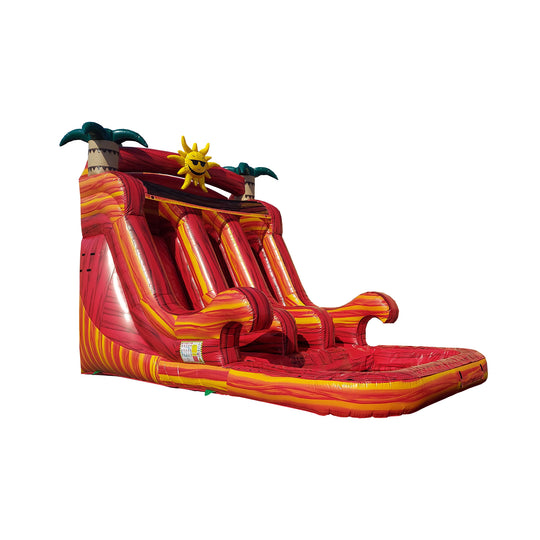 Bright red and yellow commercial water slide for sale featuring three sliding lanes and a sun decoration at the top.
