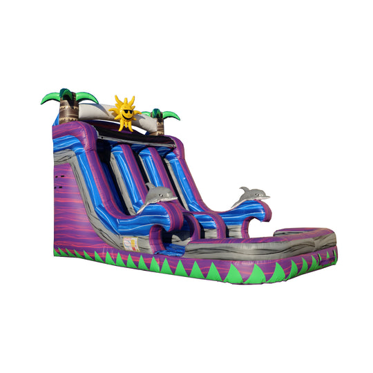 Colorful WS-215D Night Time Tides water slide featuring three sliding lanes, dolphins, and palm trees, set against a vibrant