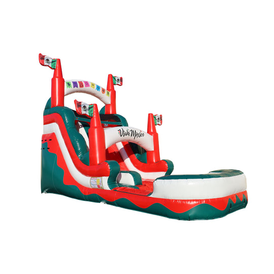 Viva Mexico water slide featuring vibrant red and green colors, with decorative flags and a splash pool at the base, set